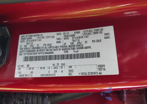 2015 Ford F-150 Xlt from USA, damaged, VIN 1FTEW1EF1FFC84266